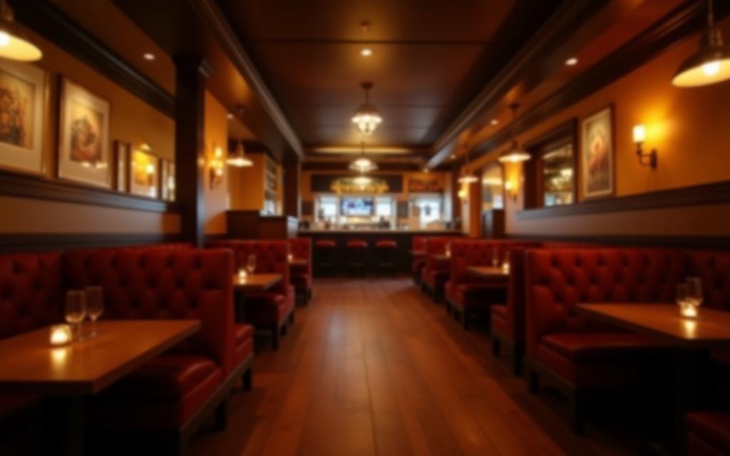 Inviting interior of The Grand Stand Bar & Grill with warm lighting and comfortable seating.