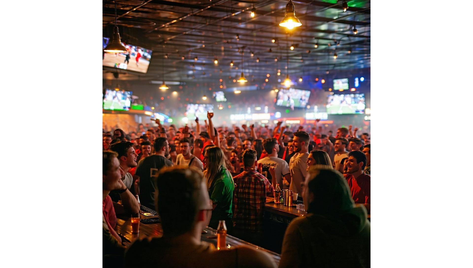 Lively crowd enjoying drinks and sports at The Grand Stand Bar & Grill