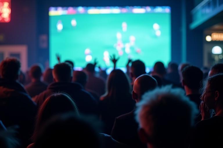 Excited fans watching live sports on a massive screen at The Grand Stand