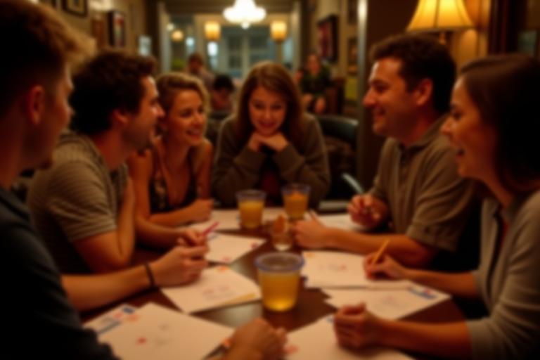 Group of friends enthusiastically participating in a pub trivia night